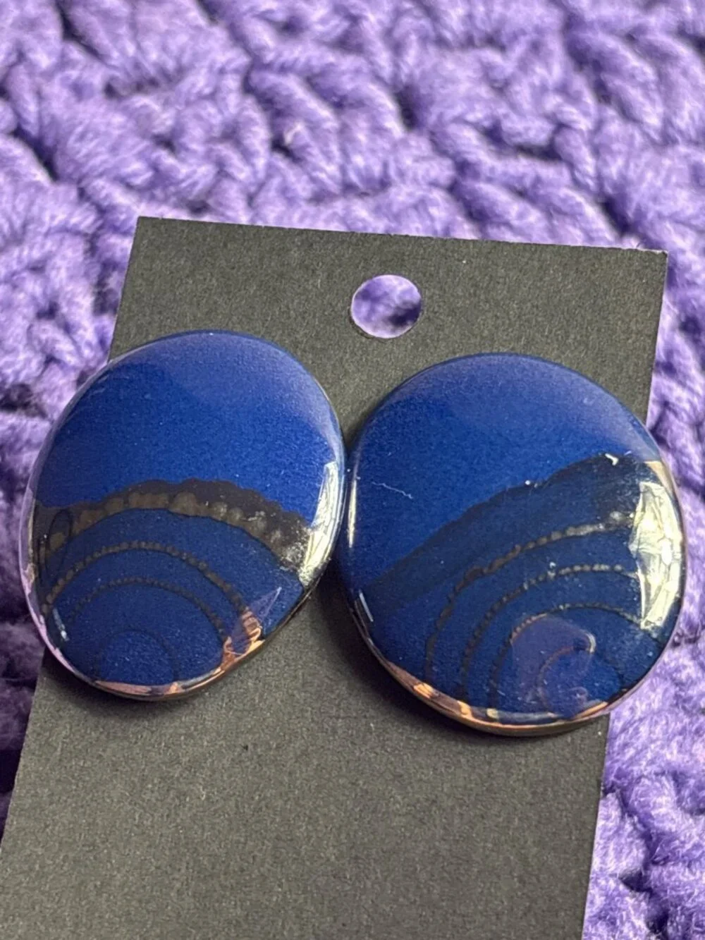Vintage Glazed Ceramic Oval Stud Earrings Blue Silvertone 1 3/8 inches